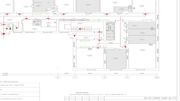 Схема расположения тактильных настенных указателей на пути перемещения МГН, второй этаж