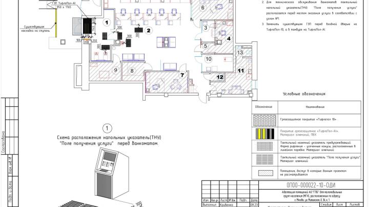 Проектная схема расположение тактильных напольных указателей (ТНУ) в офисе Газпромбанка