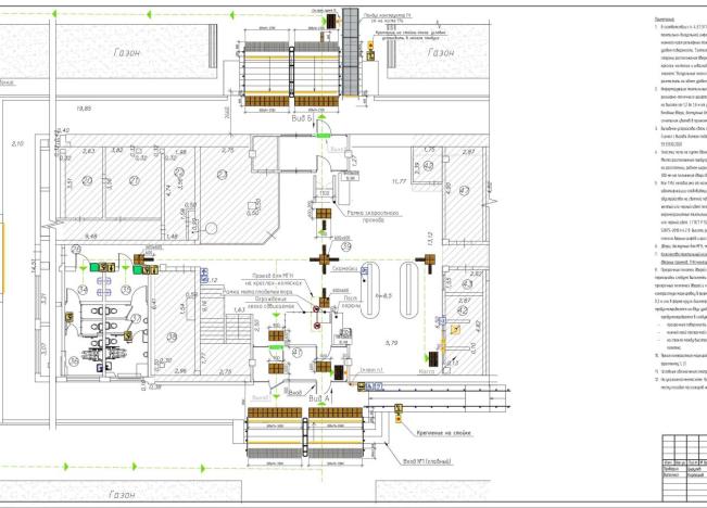 План 1-го этажа. Схема расположения тактильных наземных и тактильных визуальных указателей на пути перемещения МГН