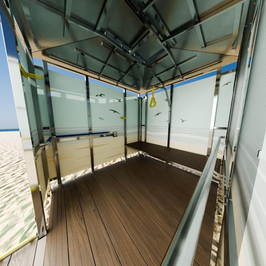 Пляжная кабинка для МГН предназначена для безопасного и удобного переодевания посетителей, передвигающихся на креслах колясках, незрячих и слабовидящих людей, а также людей с нарушениями опорно двигательного аппарата