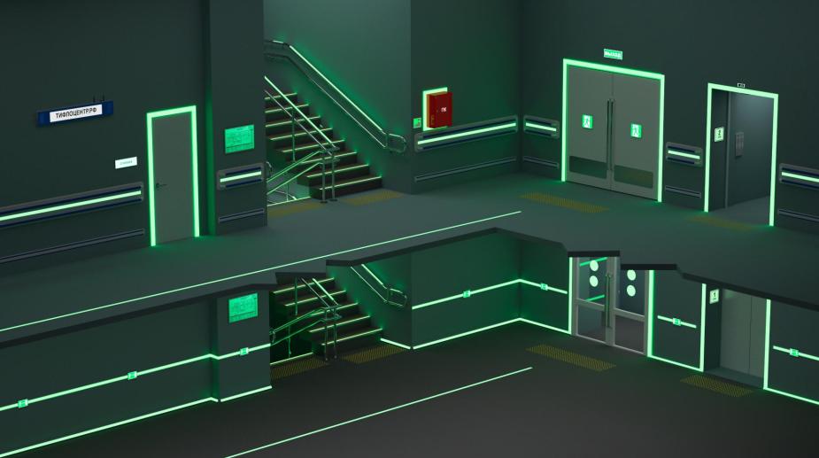 Благодаря ФЭС разметке эвакуация людей из здания проходит максимально интуитивно