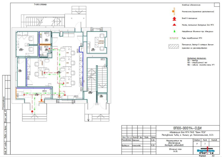 В проекте детально проработан путь движения МГН от входа через тамбур в операционный зал и далее к кабине клиента